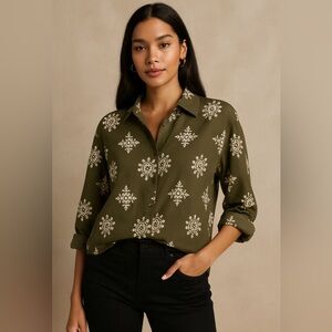 Stem & Vine Olive Green Embroidered Button Down Top M Cottagecore Boho chic